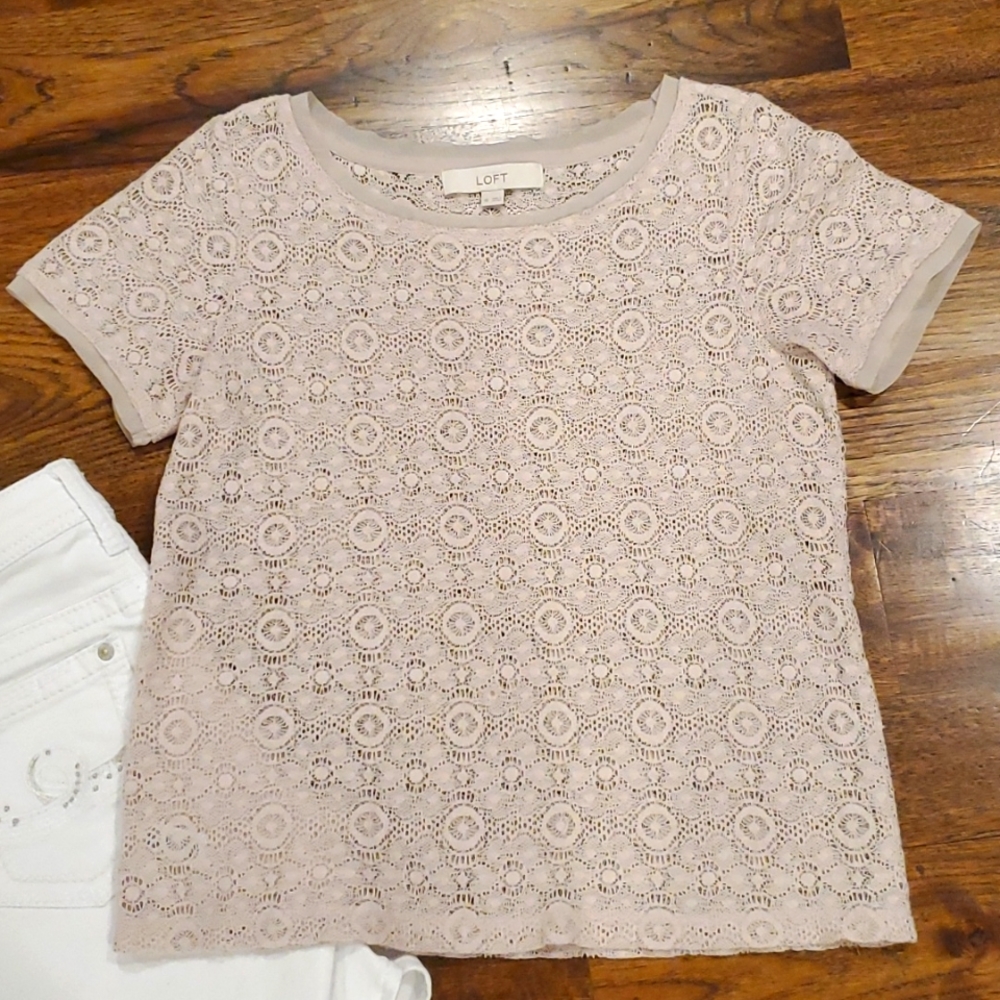 Womens Loft beige lace sheer short sleeve top size XS